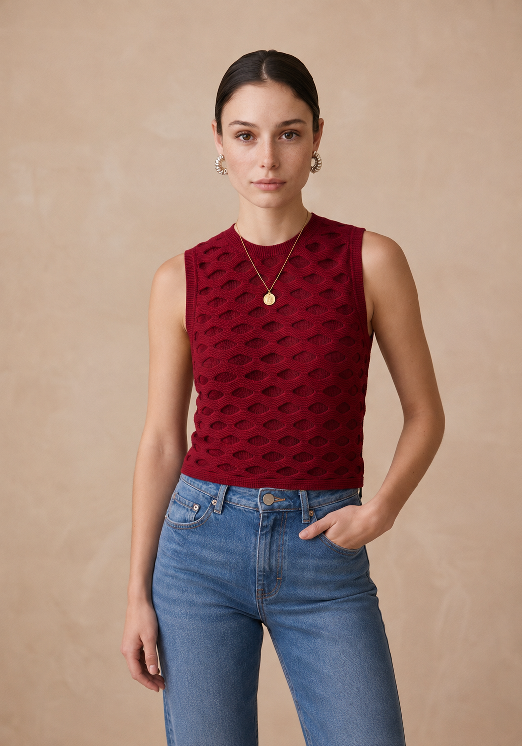 Fernanda Sculpted Smooth Stretch Knit Top in Red | Casa Maly