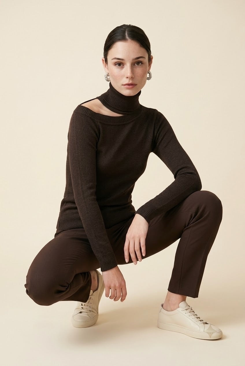 Cleo Asymmetrical Shoulder Cut-Out Turtleneck Top in Dark Brown | Casa Maly