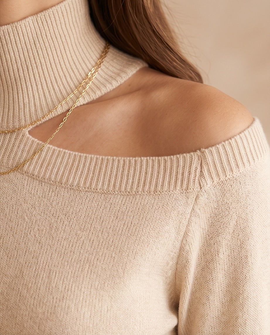 Cleo Asymmetrical Shoulder Cut-Out Turtleneck Top in Beige | Casa Maly