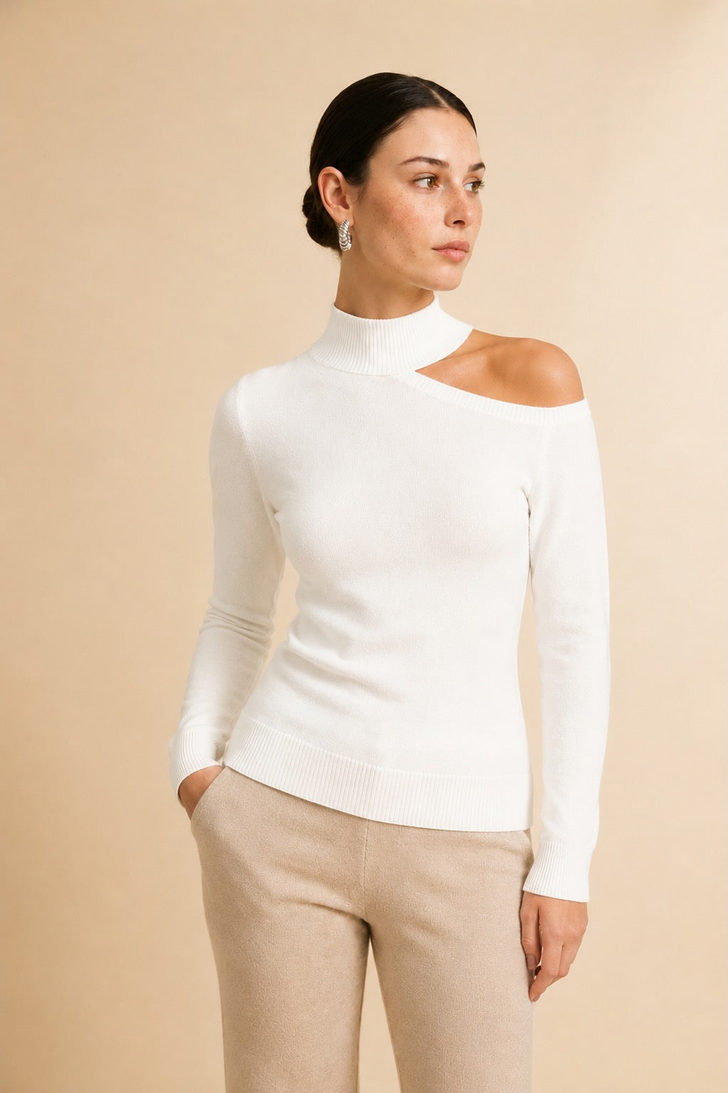 Cleo Asymmetrical Shoulder Cut-Out Turtleneck Top in White | Casa Maly