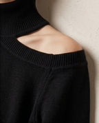Cleo Asymmetrical Shoulder Cut-Out Turtleneck Top in Black | Casa Maly