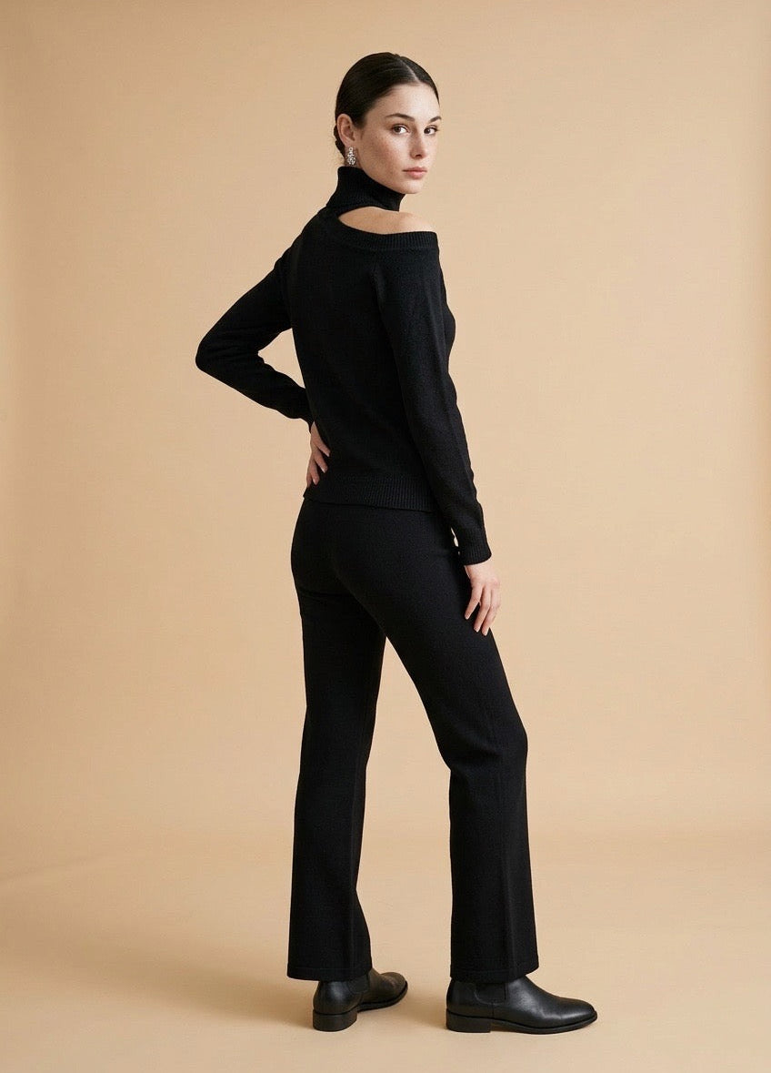 Cleo Asymmetrical Shoulder Cut-Out Turtleneck Top in Black | Casa Maly
