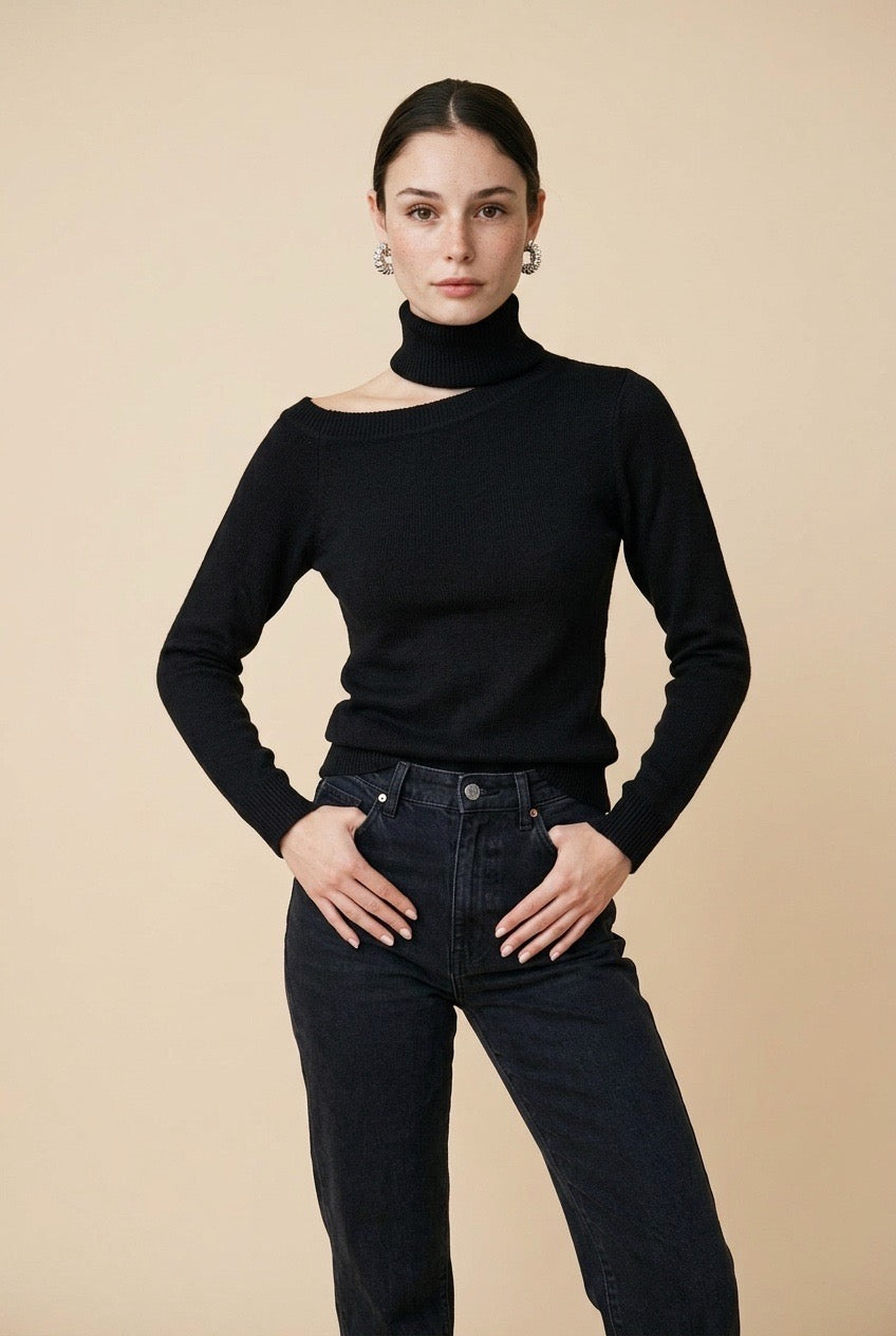 Cleo Asymmetrical Shoulder Cut-Out Turtleneck Top in Black | Casa Maly