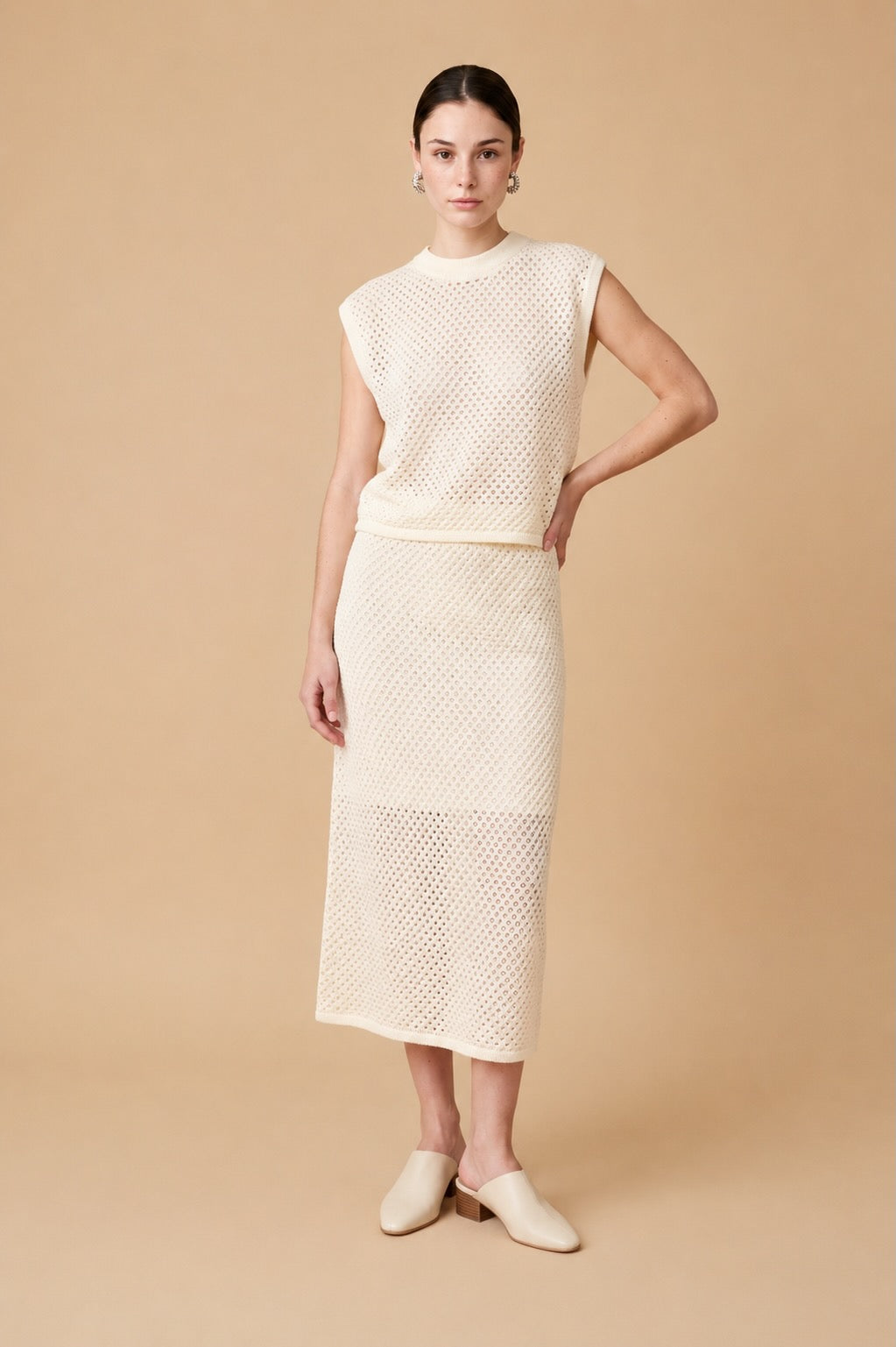 Alba White Open Knit Top & Midi Skirt Set | Casa Maly