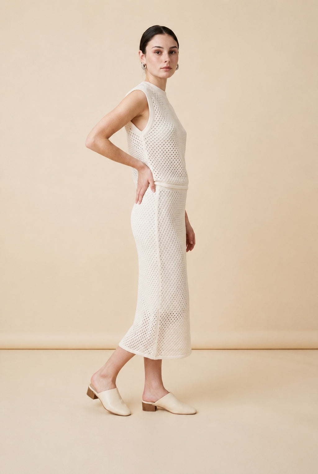 Alba White Open Knit Top & Midi Skirt Set | Casa Maly