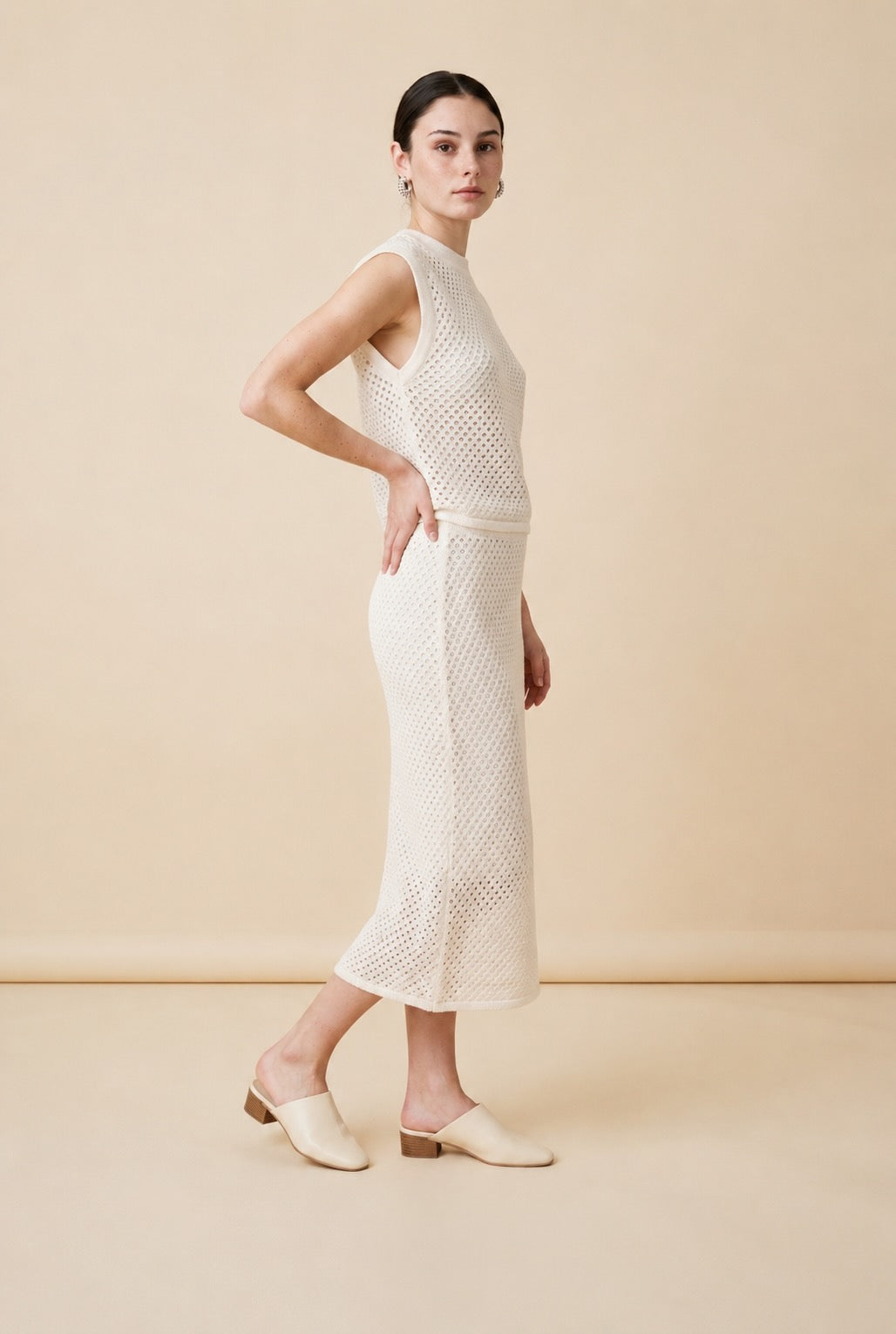 Alba White Open Knit Top & Midi Skirt Set | Casa Maly