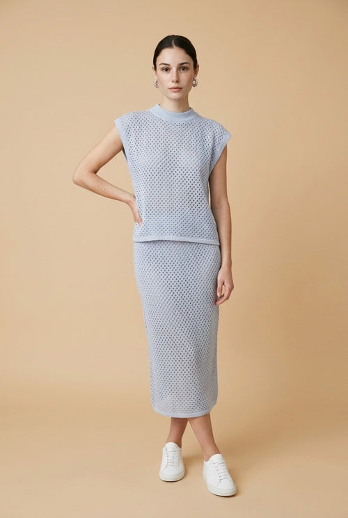 Alba Blue Open Knit Top & Midi Skirt Set | Casa Maly
