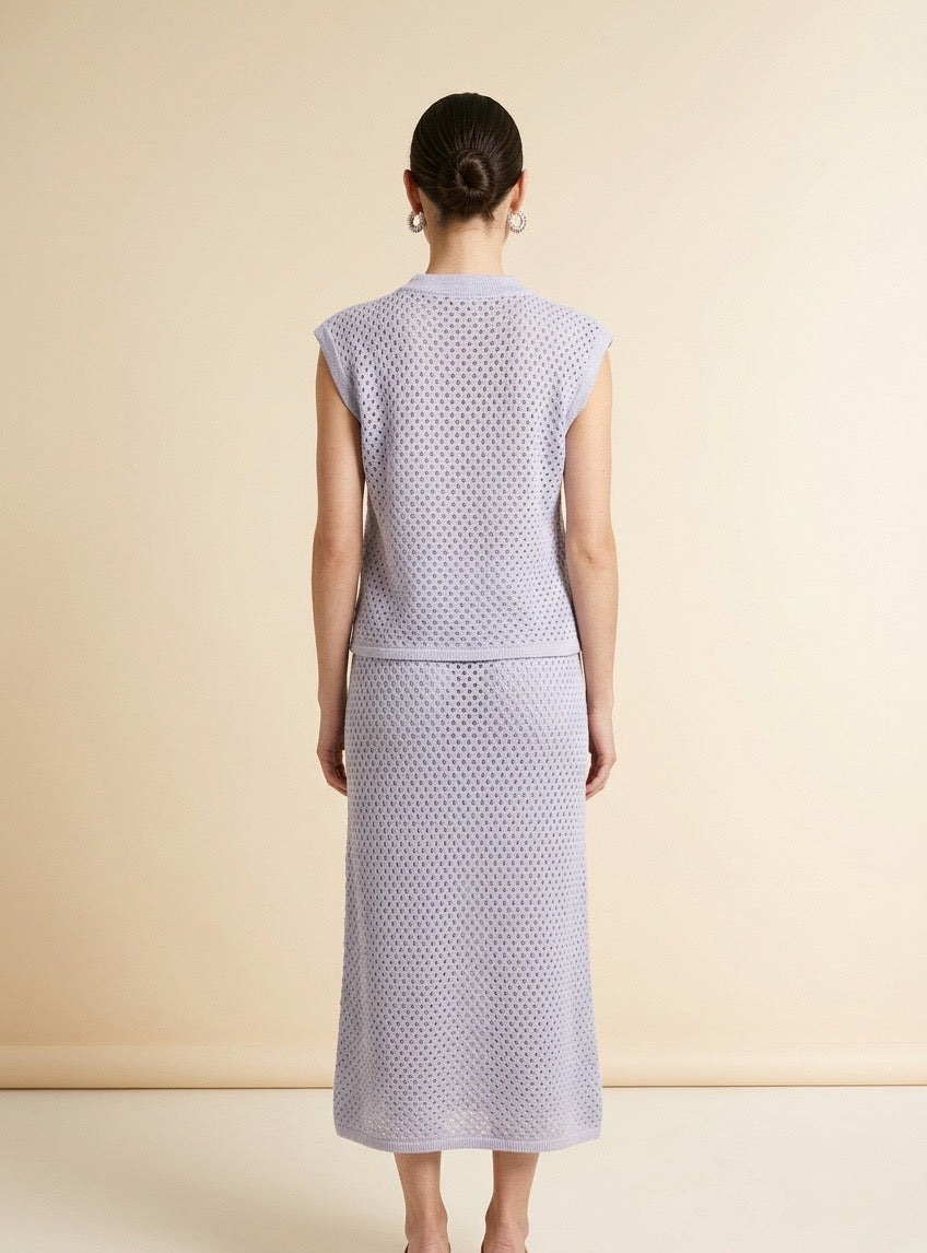 Alba Blue Open Knit Top & Midi Skirt Set | Casa Maly