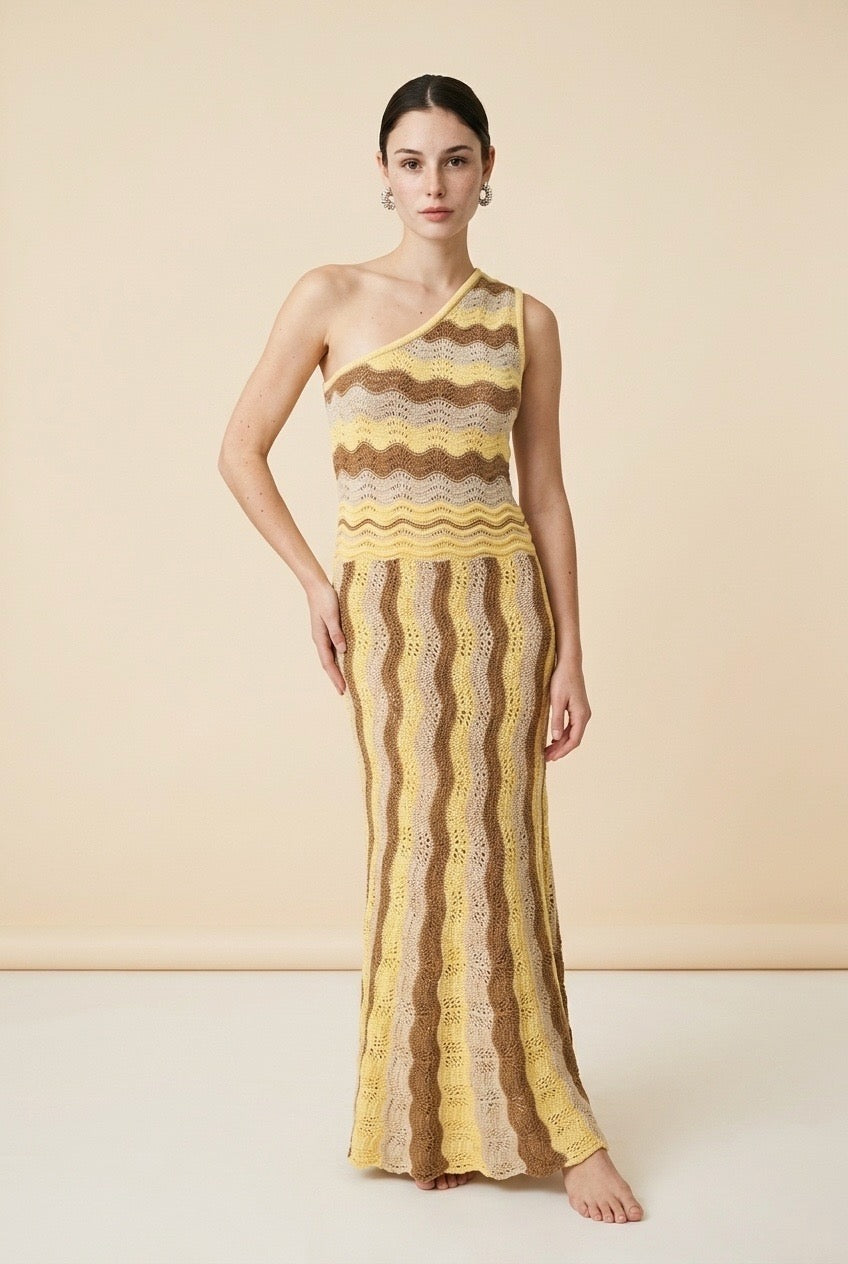 Riviera Yellow & Beige One-Shoulder Dress | Casa Maly