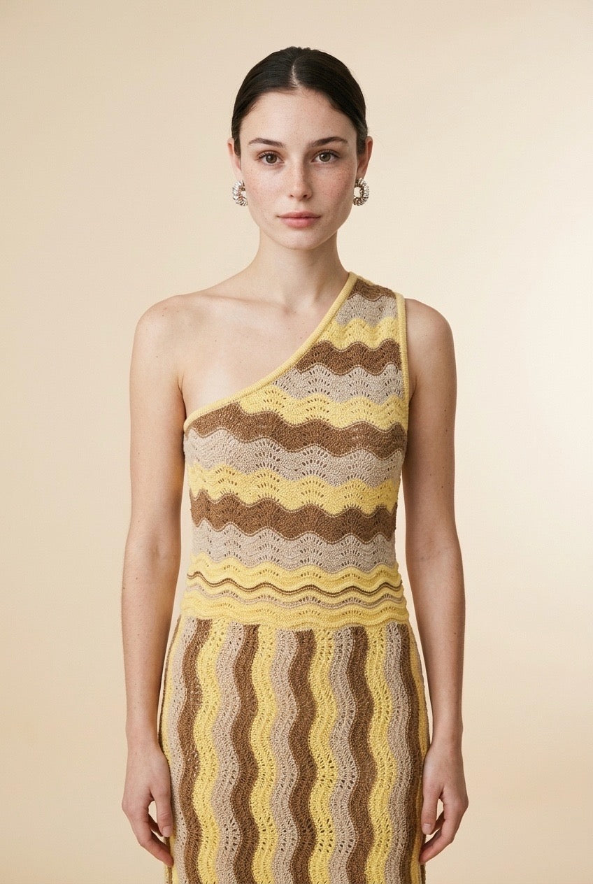 Riviera Yellow & Beige One-Shoulder Dress | Casa Maly