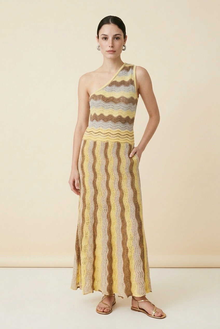 Riviera Yellow & Beige One-Shoulder Dress | Casa Maly