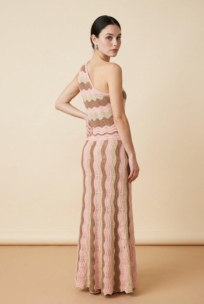 Riviera Pink & Beige One-Shoulder Dress | Casa Maly