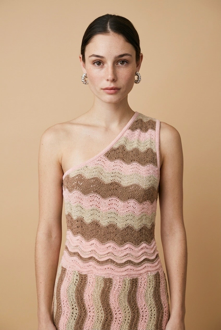 Riviera Pink & Beige One-Shoulder Dress | Casa Maly