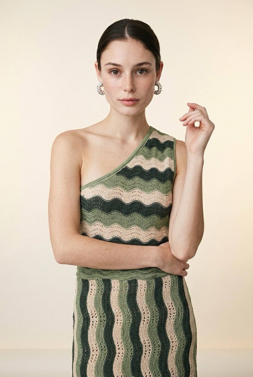 Riviera Green & Beige One-Shoulder Dress | Casa Maly