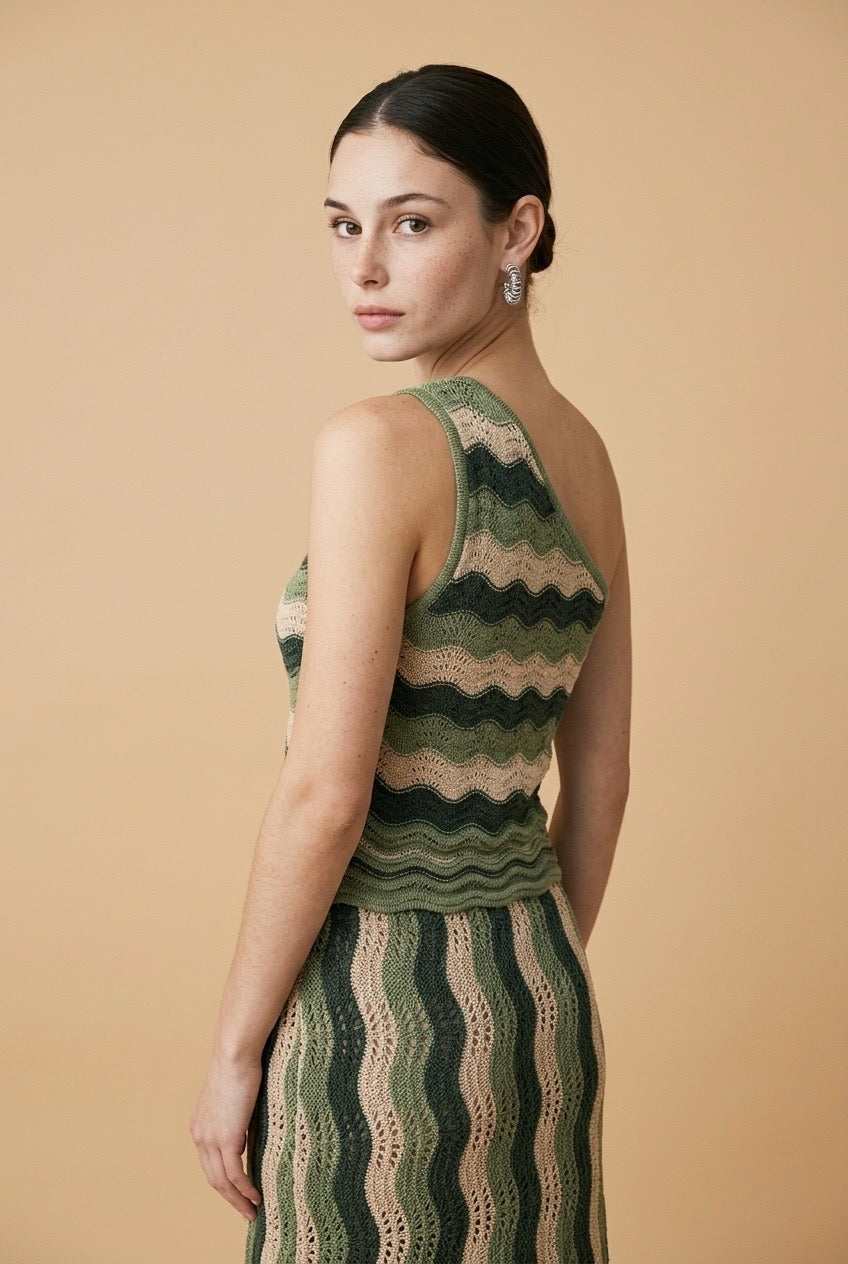 Riviera Green & Beige One-Shoulder Dress | Casa Maly