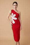 Flor One-Shoulder Oversized Floral Motif Knit Midi Dress in Red | Casa Maly