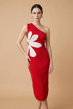 Flor One-Shoulder Oversized Floral Motif Knit Midi Dress in Red | Casa Maly