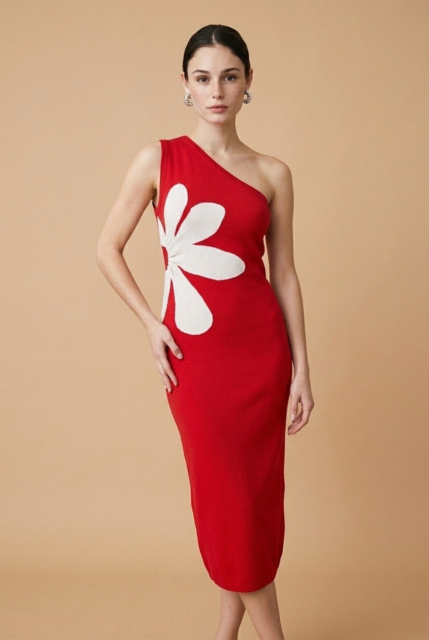 Flor One-Shoulder Oversized Floral Motif Knit Midi Dress in Red | Casa Maly