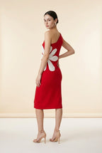 Flor One-Shoulder Oversized Floral Motif Knit Midi Dress in Red | Casa Maly