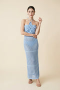 Bloom 3D Flower Pointelle Knit Halter Maxi Dress in Baby Blue | Casa Maly