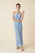 Bloom 3D Flower Pointelle Knit Halter Maxi Dress in Baby Blue | Casa Maly