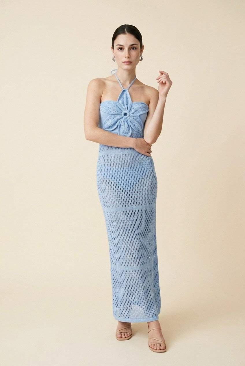 Bloom 3D Flower Pointelle Knit Halter Maxi Dress in Baby Blue | Casa Maly