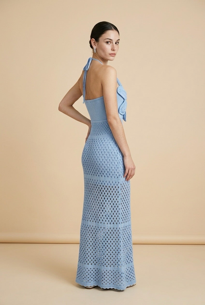 Bloom 3D Flower Pointelle Knit Halter Maxi Dress in Baby Blue | Casa Maly