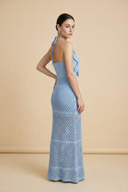 Bloom 3D Flower Pointelle Knit Halter Maxi Dress in Baby Blue | Casa Maly