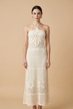 Bloom 3D Flower Pointelle Knit Halter Maxi Dress in Off-White | Casa Maly
