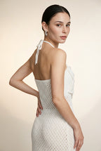 Bloom 3D Flower Pointelle Knit Halter Maxi Dress in Off-White | Casa Maly