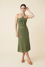 Bloom 3D Flower Pointelle Knit Halter Maxi Dress in Green | Casa Maly