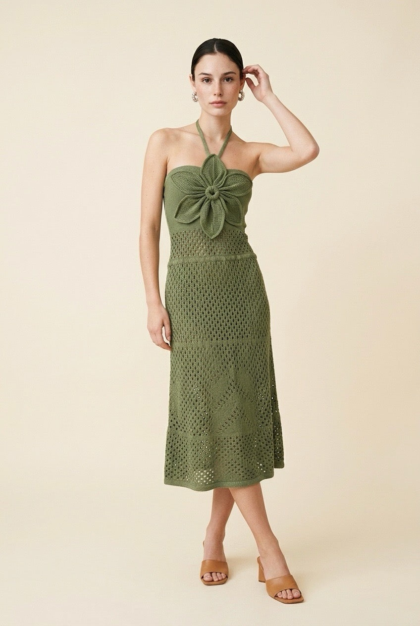 Bloom 3D Flower Pointelle Knit Halter Maxi Dress in Green | Casa Maly