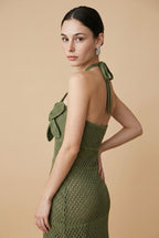 Bloom 3D Flower Pointelle Knit Halter Maxi Dress in Green | Casa Maly