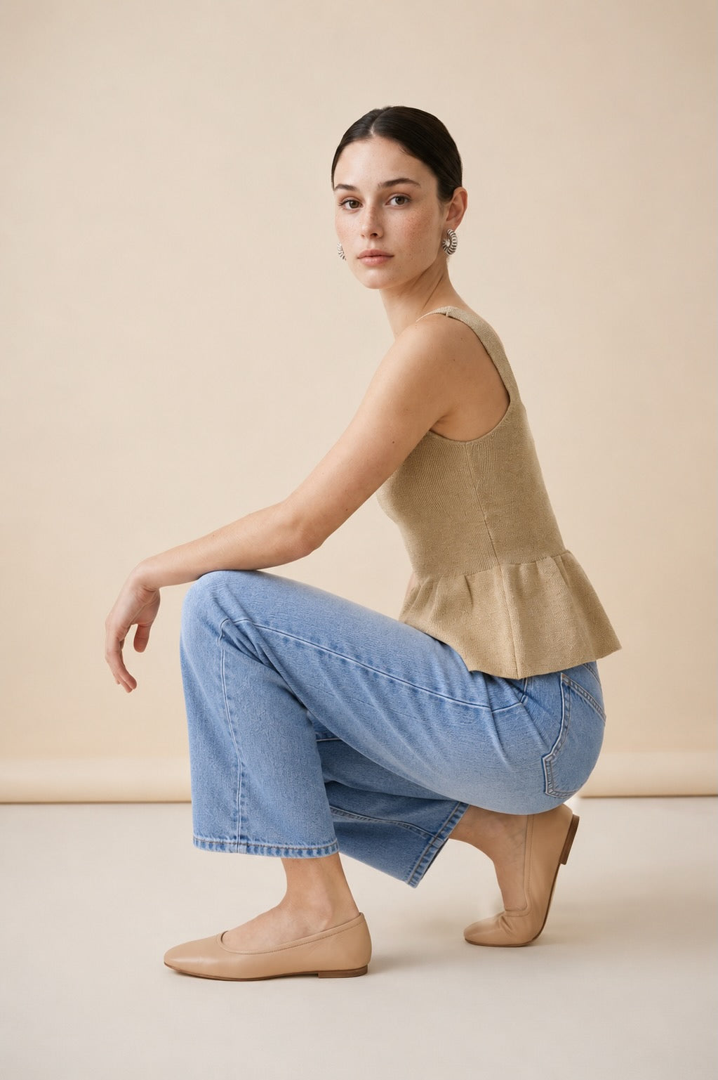 Colette Square Neck Flared Peplum Knit Top in Beige | Casa Maly