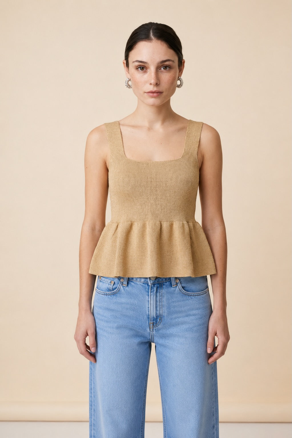 Colette Square Neck Flared Peplum Knit Top in Beige | Casa Maly