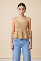 Colette Square Neck Flared Peplum Knit Top in Beige | Casa Maly