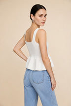 Colette Square Neck Flared Peplum Knit Top in White | Casa Maly