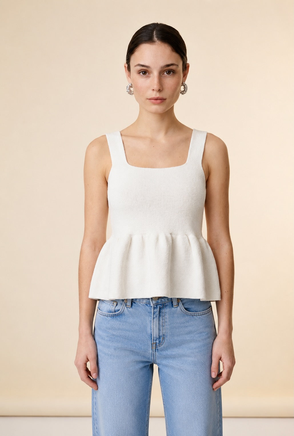 Colette Square Neck Flared Peplum Knit Top in White | Casa Maly