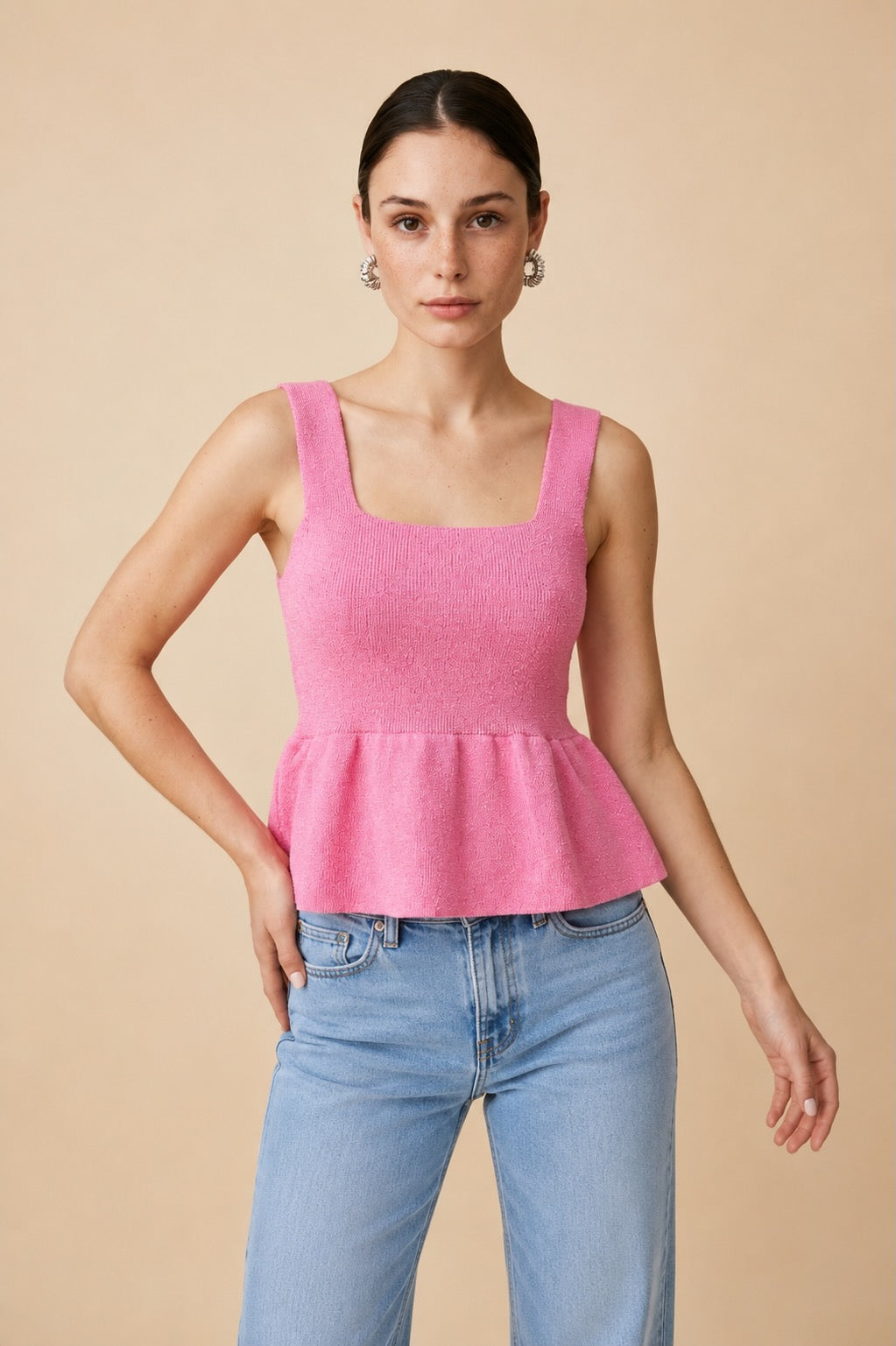 Colette Square Neck Flared Peplum Knit Top in Pink | Casa Maly