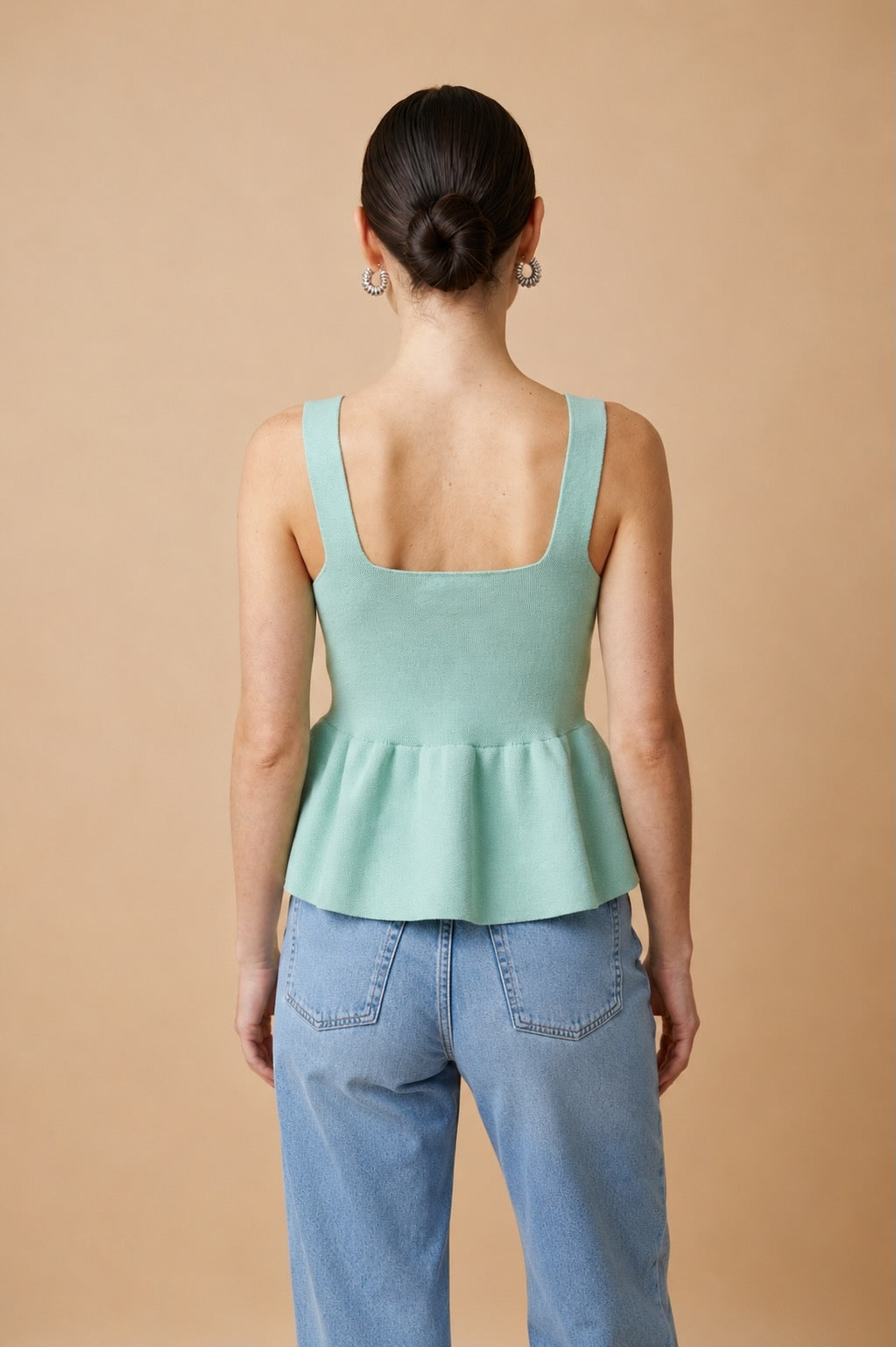 Colette Square Neck Flared Peplum Knit Top in Aquamarine | Casa Maly