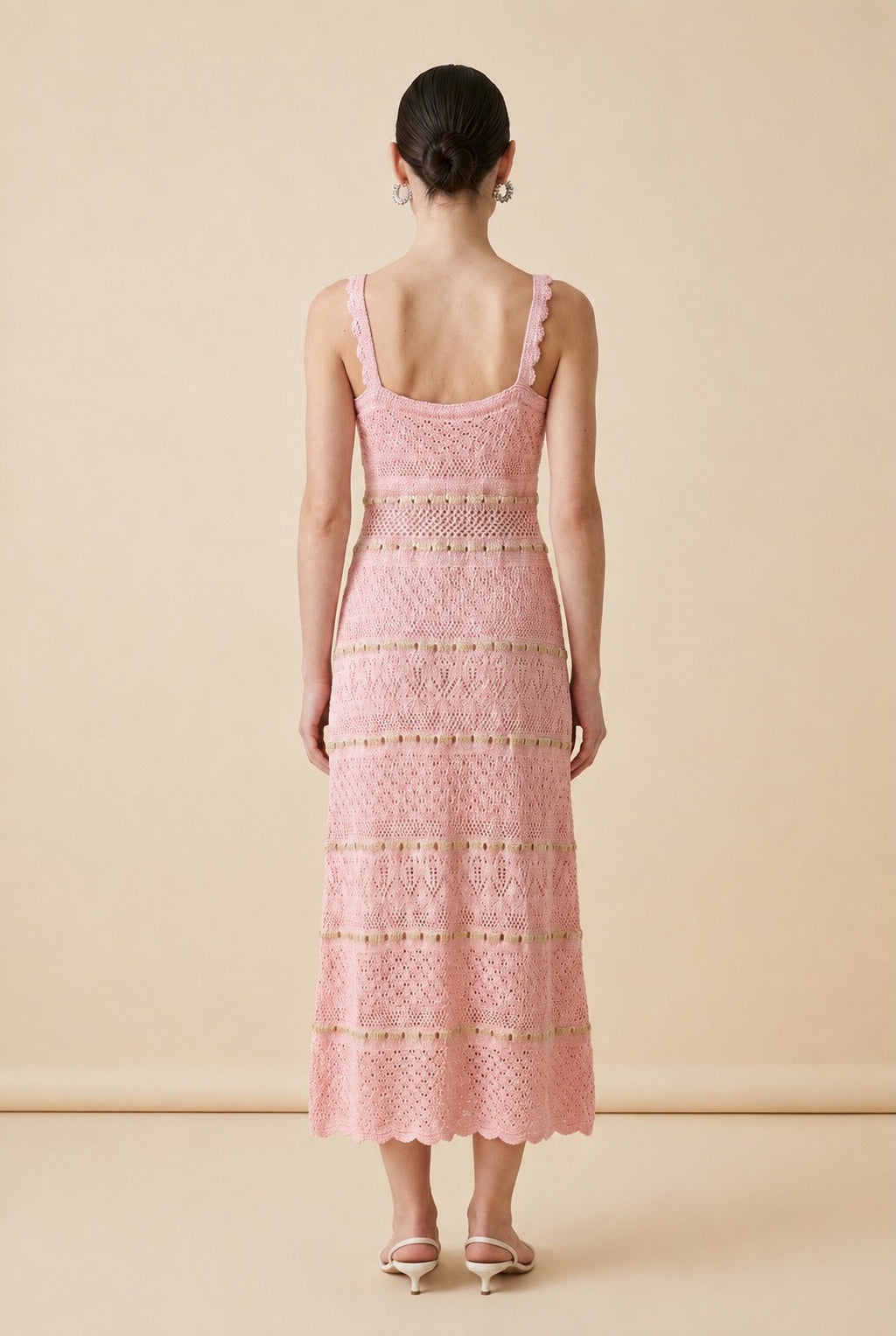 Macaron Ruffle-Strap Openwork Ladder-Stitch Midi Dress in Baby Pink | Casa Maly