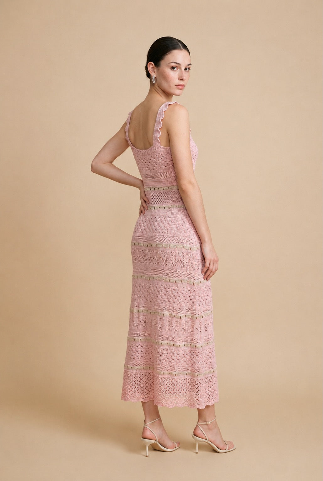 Macaron Ruffle-Strap Openwork Ladder-Stitch Midi Dress in Baby Pink | Casa Maly