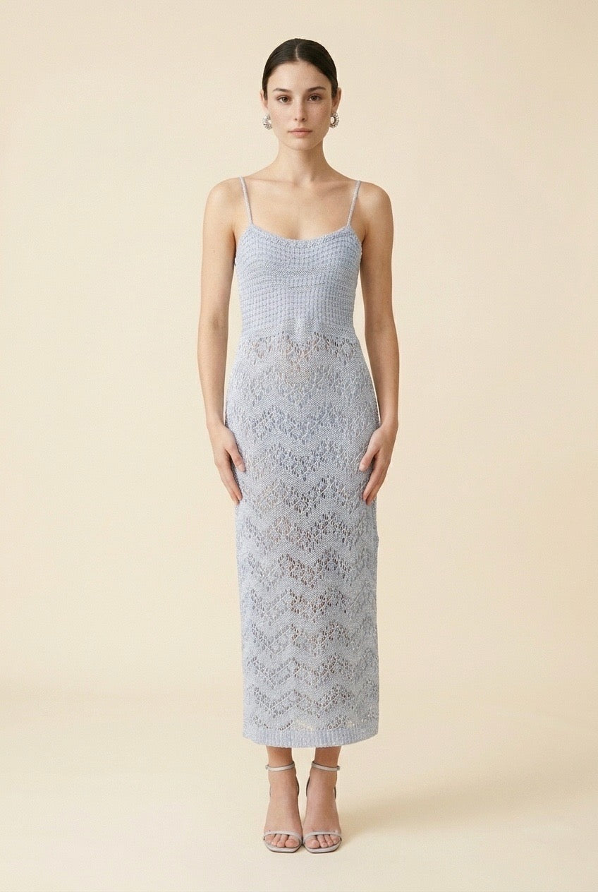 Candy Ribbed and Openwork Chevron Knit Midi Dress in Baby Blue | Casa Maly