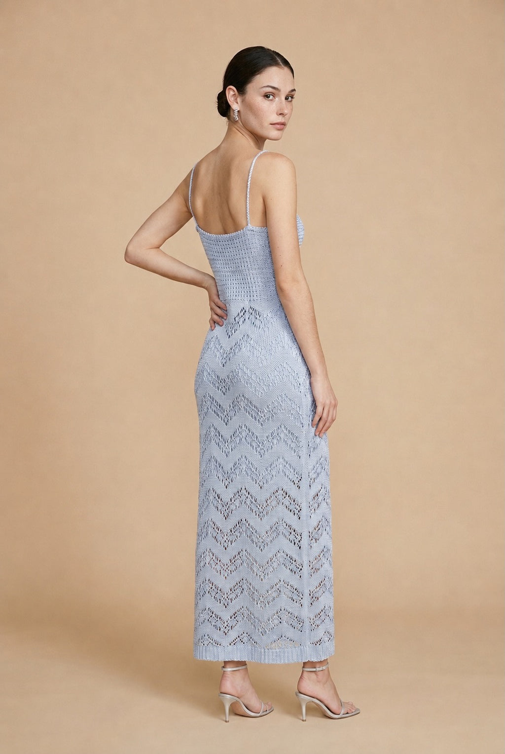 Candy Ribbed and Openwork Chevron Knit Midi Dress in Baby Blue | Casa Maly