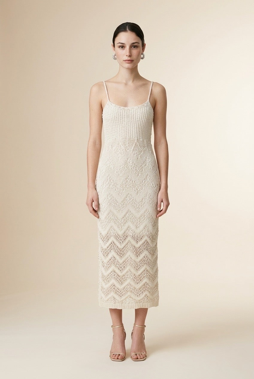 Candy Ribbed and Openwork Chevron Knit Midi Dress in Off-White | Casa Maly