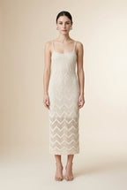 Candy Ribbed and Openwork Chevron Knit Midi Dress in Off-White | Casa Maly