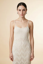 Candy Ribbed and Openwork Chevron Knit Midi Dress in Off-White | Casa Maly