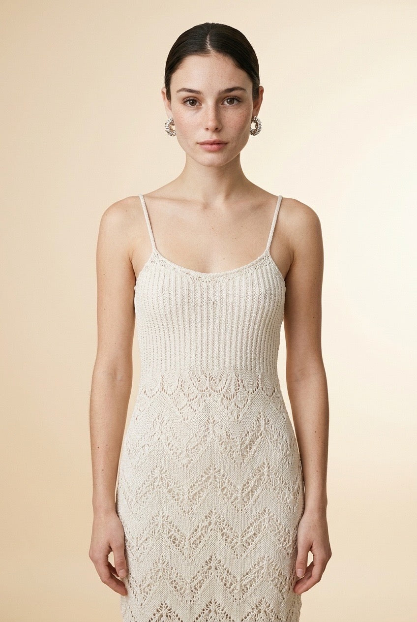 Candy Ribbed and Openwork Chevron Knit Midi Dress in Off-White | Casa Maly