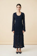 Gaia Openwork Crochet Knit Bell Sleeve Midi Dress in Navy | Casa Maly