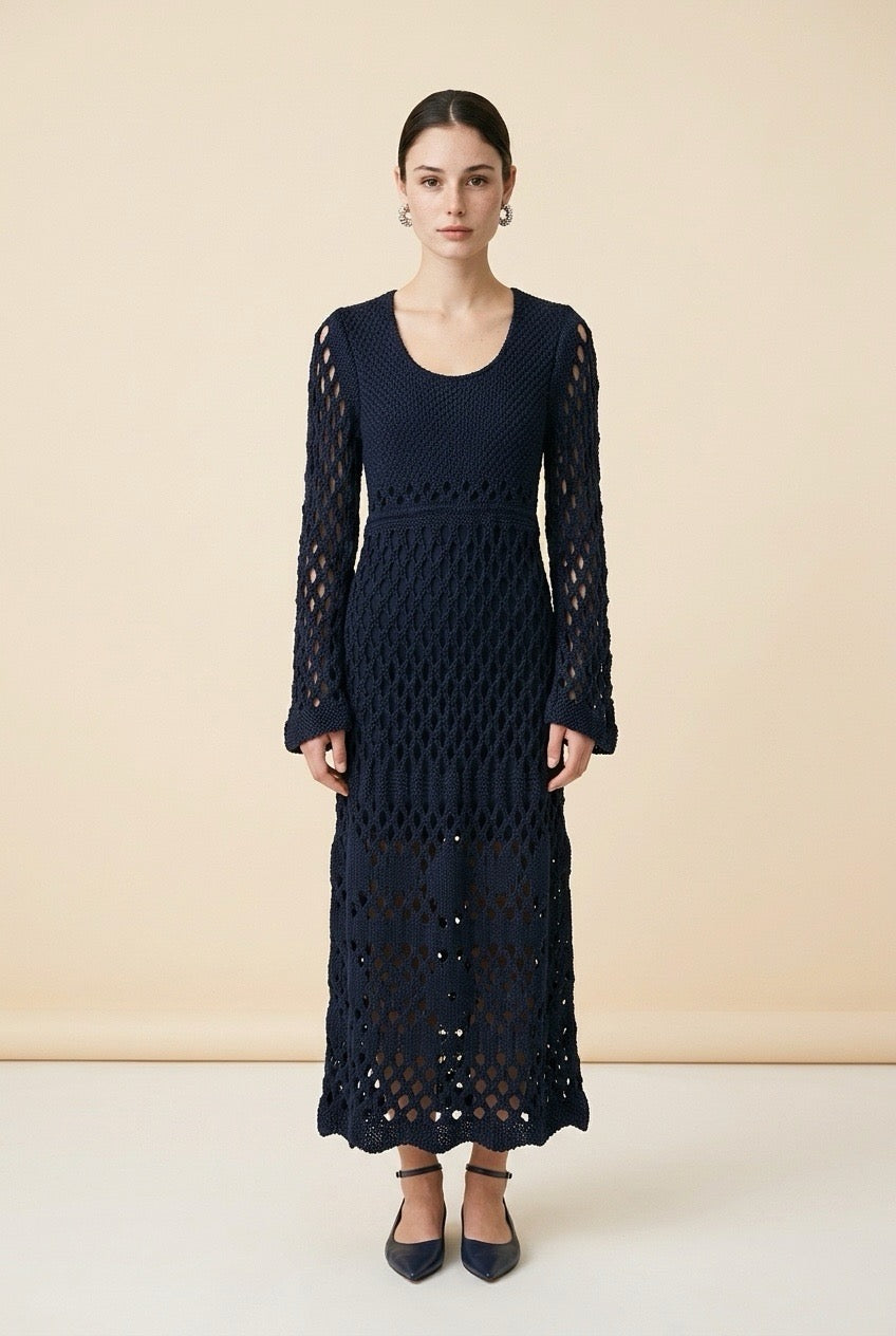 Gaia Openwork Crochet Knit Bell Sleeve Midi Dress in Navy | Casa Maly
